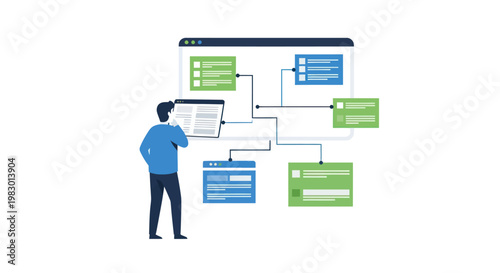 Man interacting with flowchart diagram.