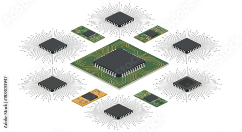 Isometric illustration of interconnected computer chips and circuit boards