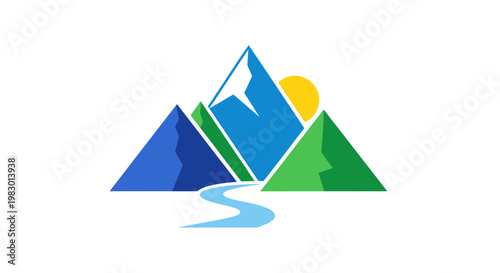 Mountain peaks with sun and river.