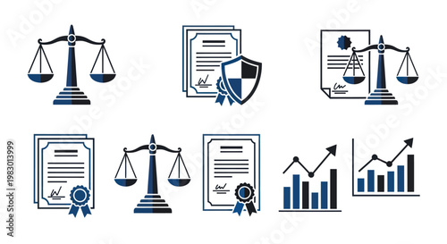 law scales documents and graphs icons.