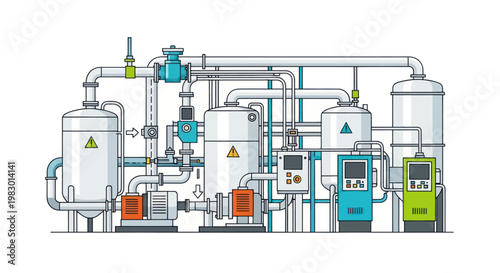 Industrial processing plant with tanks, pipes, pumps, and control panels.