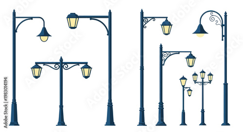 Collection of vintage street lamps in various designs