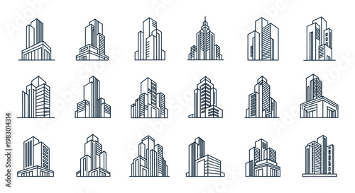 Collection of modern building icons in line art style.