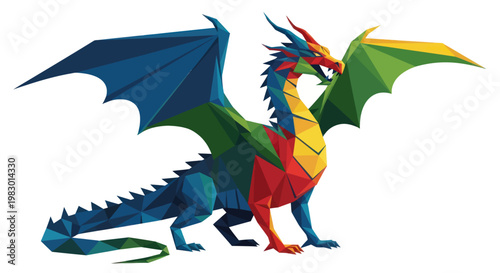 A colorful geometric dragon in low poly style.