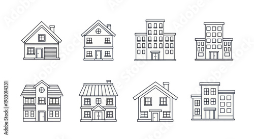 Outline drawings of various houses and buildings.