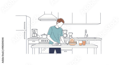 Man cleaning kitchen counter with a cloth