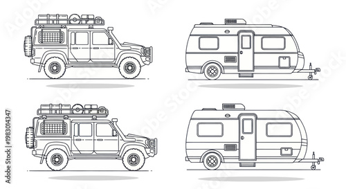 Set of off-road vehicles and campers for adventure travel