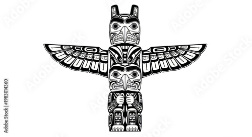 Black and white totem pole art with indigenous symbols