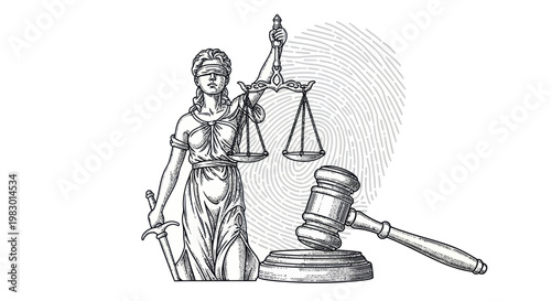 Lady Justice Scales Gavel Fingerprint Symbolizing Law, Justice, Crime, Legal System