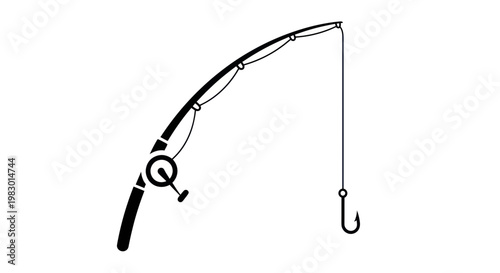 Black Fishing Rod with Line and Hook on White Background, Simple Icon