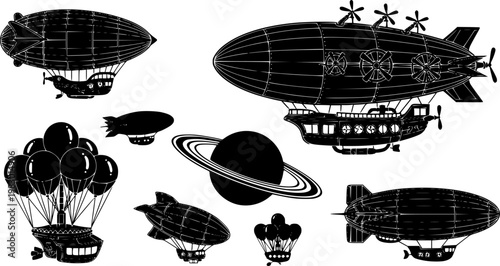 Collection of detailed black silhouette icons featuring various steampunk airships and a stylized ringed planet,, isolated on white background
