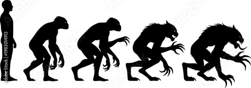 Evolutionary transformation sequence silhouette from standing human to crouching feral beast with monstrous claws and, isolated on white background
