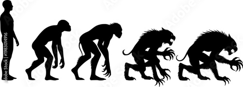 Evolutionary transformation sequence silhouette from standing human to crouching feral beast with monstrous claws and, isolated on white background
