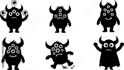 Collection of cute black silhouette monster characters with horns and multiple eyes showing various funny poses and, isolated on white background
