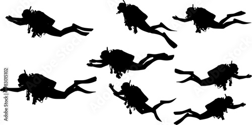 Dynamic black silhouette scuba divers equipped with masks, snorkels, fins, and tanks, swimming and floating in various, isolated on white background
