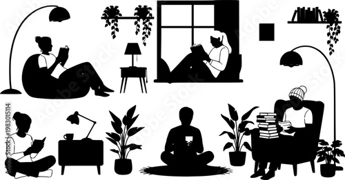 Collection of diverse people silhouettes enjoying reading books in various cozy home settings with plants and lamps,, isolated on white background

