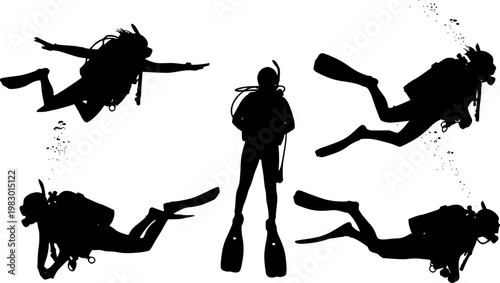 Dynamic black silhouette scuba divers equipped with masks, snorkels, fins, and tanks, swimming and floating in various, isolated on white background
