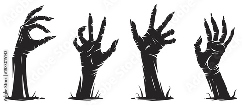 Zombie hands silhouettes set, creepy horror undead gestures, halloween spooky vector illustration collection design