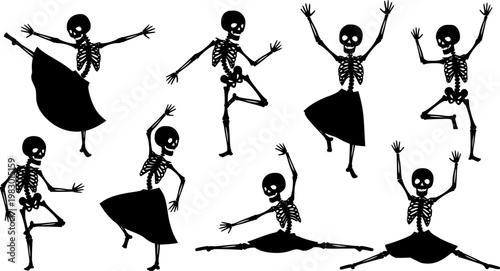 Flat vector illustration of spooky black skeleton characters in various energetic dancing poses, some wearing skirts,, isolated on white background
