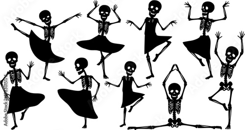 Flat vector illustration of spooky black skeleton characters in various energetic dancing poses, some wearing skirts,, isolated on white background
