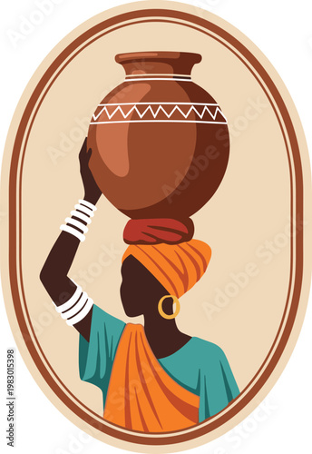 African Woman Carrying Clay Pot on Head, Traditional Culture and Lifestyle Illustration for Heritage and Daily Life Design