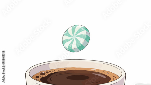 A Moment Before: A Mint Striped Peppermint Candy Falling Toward a Frothy Cup of Black Coffee in a Clean Minimalist Illustration