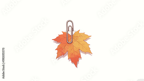 Watercolor Style Autumn Maple Leaf Bookmark Clamped by a Metallic Paperclip on a Minimalist Plain White Background, Simple Seasonal Stationery Art