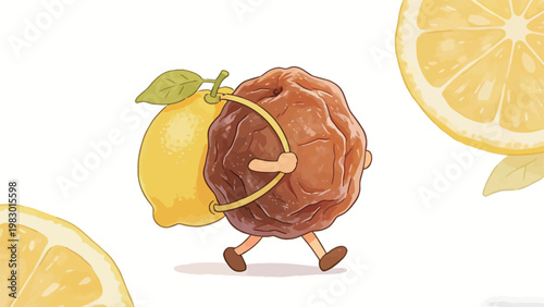 Cute anthropomorphic dried plum character carrying a whole fresh lemon on a yellow strap, with sliced lemon halves framing the scene, whimsical cartoon food illustration on a plain white background