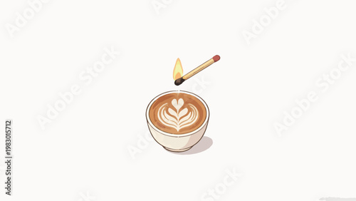 Minimalist Whimsical Illustration of a Lit Match Hovering Over a Heart Leaf Latte Art Coffee Cup, Soft Watercolor Style on Textured Off-White Background