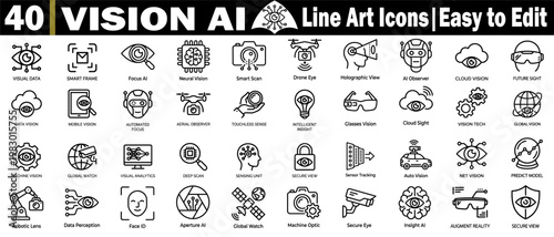 Vision AI line art icons set, with transparent background, visual data, and smart frame for digital and creative projects. vector illustration.
