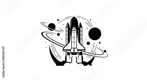 Black and white illustration of a space rocket.