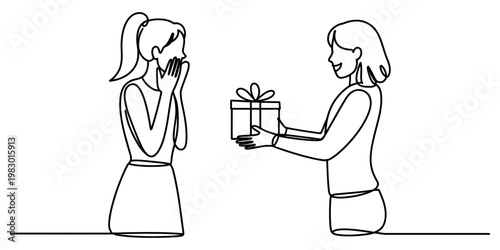 A beautiful continuous line drawing showing a woman giving a surprise gift to her happy friend