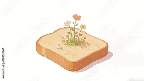 Whimsical Watercolor Illustration of a Slice of Plain Toast With a Wild Flower Patch Growing From Its Center, Minimalist Plain White Background