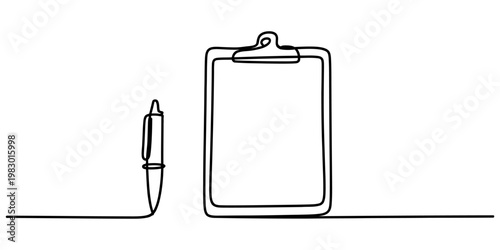 A single continuous line drawing of a clipboard paired with a ballpoint pen for office tasks.