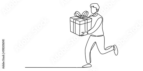 A continuous line drawing of a person walking forward while holding a gift box with a large bow