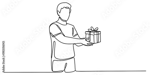 A continuous line drawing of a young man holding out a wrapped gift box for someone to receive it