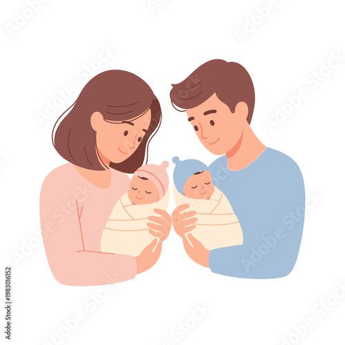 A happy couple embracing their newborn twins, a heartwarming portrayal of new parenthood and family love, celebrating the joy of twins