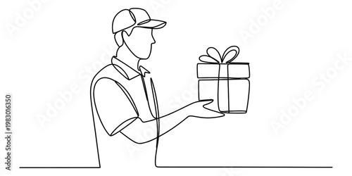 Continuous line drawing of a delivery person holding a gift box for a customer in a simple style