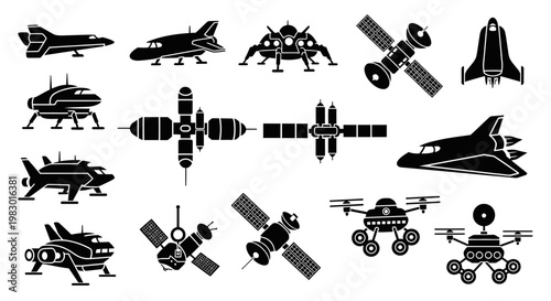 Black and white space and aircraft icons.