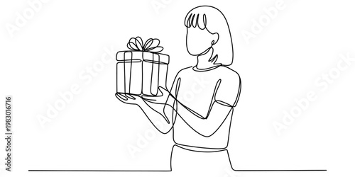 A single continuous line drawing of a young woman holding a gift box as a gesture of kindness.