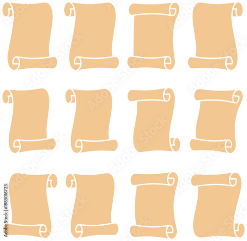 Multiple blank antique paper scrolls arranged in a neat grid for various creative design projects and document presentations