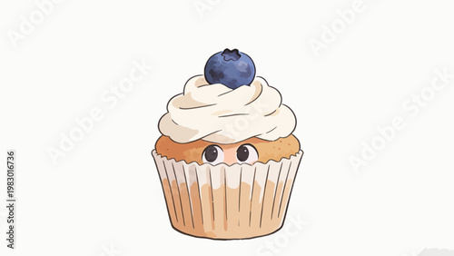 Cute Whimsical Anthropomorphic Blueberry Cupcake with Cream Frosting Peeking Out from Its Paper Wrapper, Watercolor Style Cartoon Illustration on Plain Off-White Background