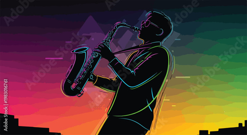 jazz musician silhouette with neon glow, dark background, colorful gradient lighting, Gen Z cyberpunk style, modern flat illustration