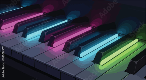 piano keys with neon light effect, glowing edges, dark background, vibrant gradient colors, futuristic Gen Z vector illustration