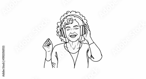 Woman with curly hair wears headphones and smiles, enjoying music with closed eyes
