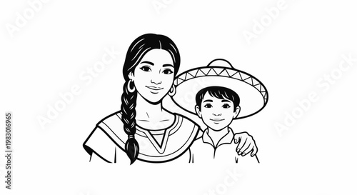 Woman with braid embracing boy in large sombrero
