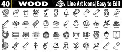 Wood line art icons set. Collection of timber tree trunk, branch leaf, sprout stump, log, axe, plank, chair, pencil, pallet, wood chip, saw, forest roots, woodpile, barrel, crate, vector illustration.