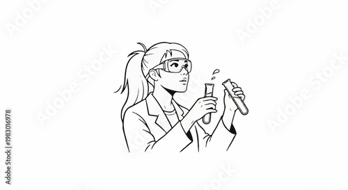 Woman in lab coat and goggles working with test tubes in a science experiment