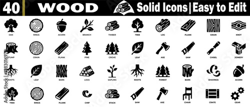 Solid wood icons collection. Featuring an oak tree, rings, acorn, a branch, a timber log, a plank, a grain knot stump, pine, grove, leaf, axe, saw, chisel, joinery, roots, sapling vector illustration.