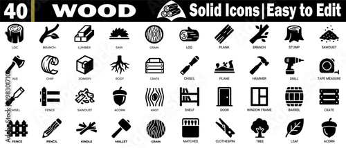 Woodwork solid icons set, including lumber, saw grain, log plank, branch stump, sawdust, axe chip, joinery, root crate, chisel, plane, hammer, drill, tape measure, door, vector illustration.